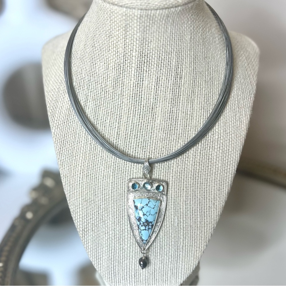 NWOT TURQUOISE, BLACK PEARL, AQUAMARINE, AND STERLING SILVER HANDMADE NECKLACE.